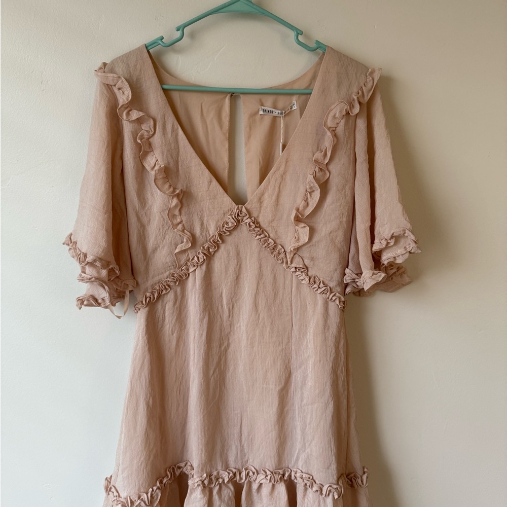 Selfie Leslie Nude Ruffled Mini Dress with Flutter Sleeves